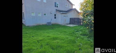 A backyard with a fence and a small shed.