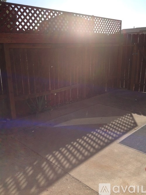 A backyard with a wooden fence and a patterned mat on the ground.
