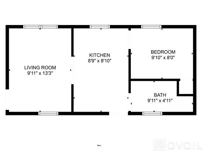 A floor plan of a room with a living room, kitchen, bedroom, and bath.