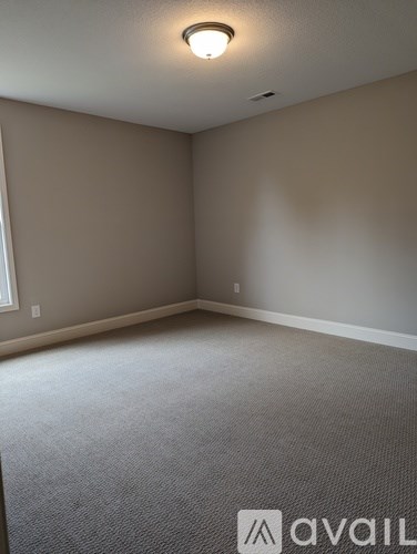 A carpeted room with a window and a light on the ceiling.