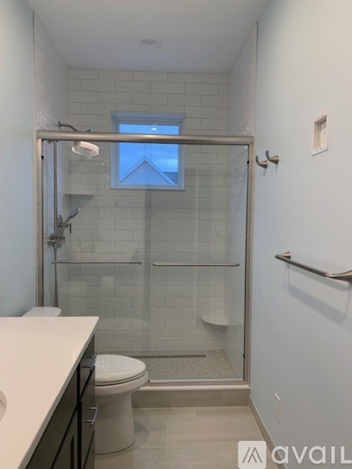 A bathroom with a toilet, a walk-in shower, and a window.