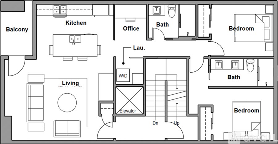A floor plan of a home with a living room, kitchen, bedrooms, and an office.
