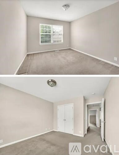 Two images of an empty room with a window and a door.