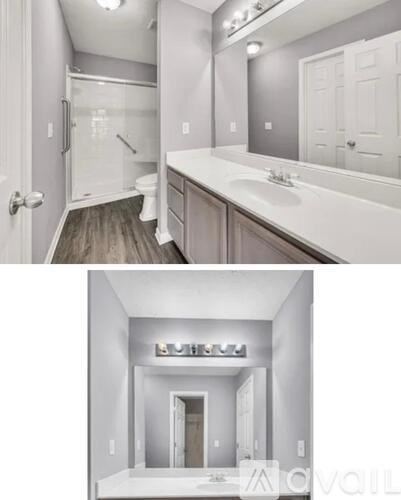 A modern bathroom with a walk-in shower and double sinks.