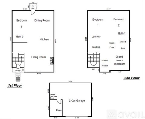 A floor plan of a two-story house with a living room, two bedrooms, a dining room, a kitchen, a laundry room, a 2 car garage, and a second floor with a grand staircase.