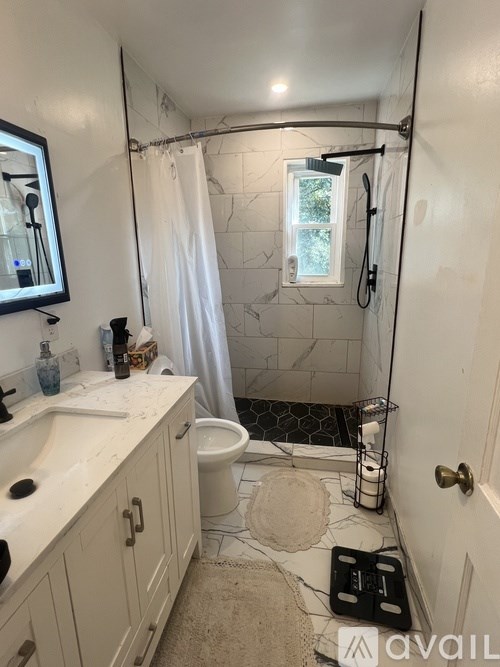 A bathroom with a white sink, toilet, and shower area.
