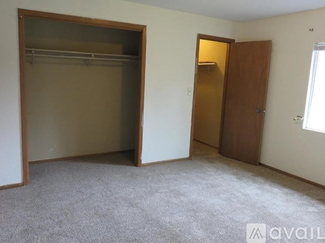 A room with a carpeted floor, a closet with a door and a window.