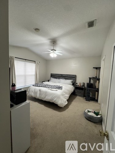 A bedroom with a bed, nightstand, and a fan on the ceiling.