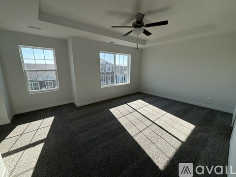 A room with a carpeted floor, a ceiling fan, and two windows letting in natural light.