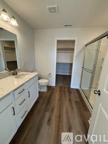 A bathroom with a toilet, sink, and wooden floors.
