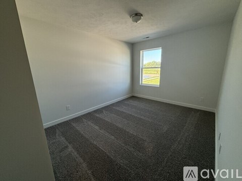 A room with a carpeted floor and a window showing a view of a road and trees.