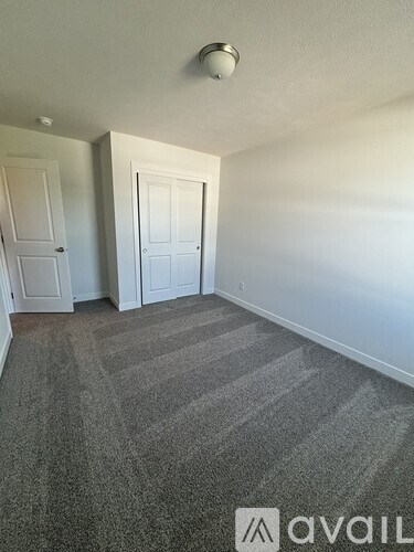 A room with a carpeted floor and two doors.