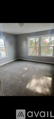 A room with grey walls and a carpeted floor.
