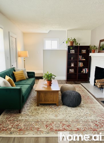 A living room with a green couch, a coffee table, a rug, a lamp, a bookshelf, and a fireplace.
