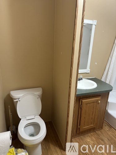 A bathroom with a toilet, sink, and mirror.