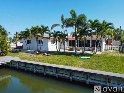 A house with a dock and palm trees in front.