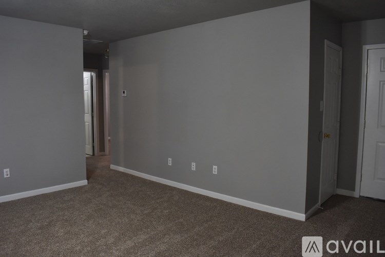 A room with carpeted floor and walls painted in a light color with switches and sockets on the wall.