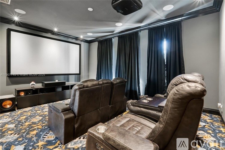 A home theater with two recliner chairs and a large screen.