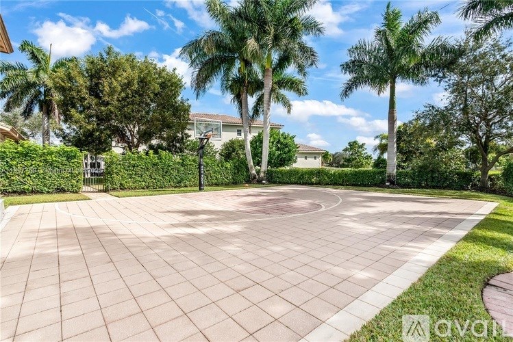 A large, paved courtyard surrounded by lush greenery and palm trees.