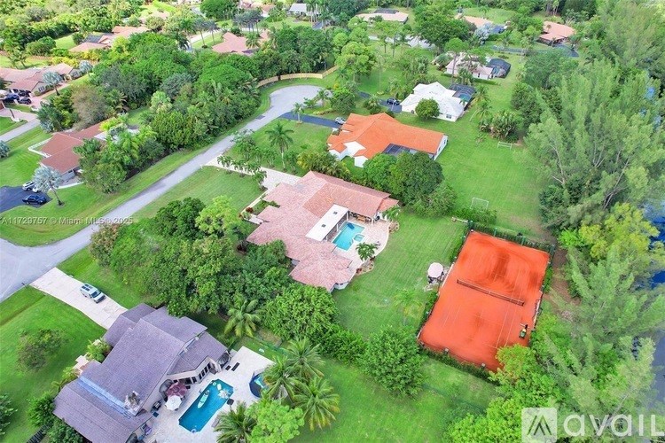 A bird's eye view of a residential area with houses and a swimming pool.