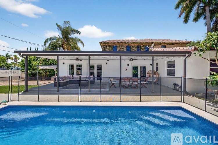 A pool in front of a house with a sign that says "available".