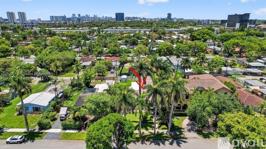 A bird's eye view of a residential area with houses, trees, and a car.