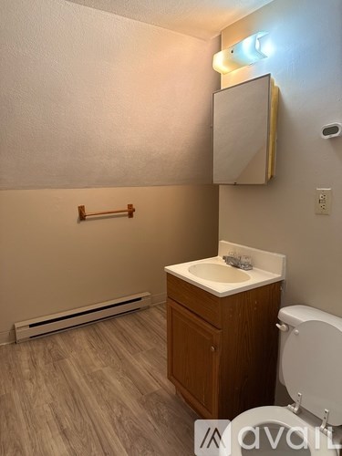 A bathroom with a toilet, sink, and a radiator.