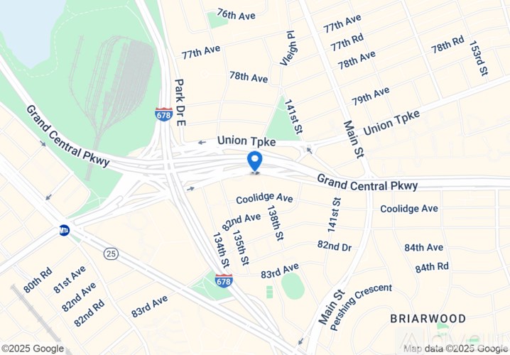 A map shows the intersection of several streets, including Grand Central Pkwy, Union Tpk, and Coolidge Ave.