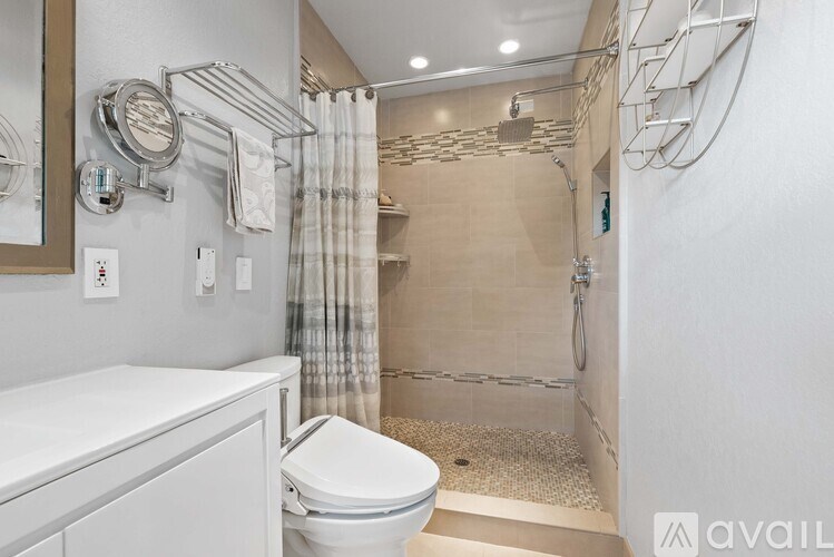 A bathroom with a white toilet and a walk-in shower.