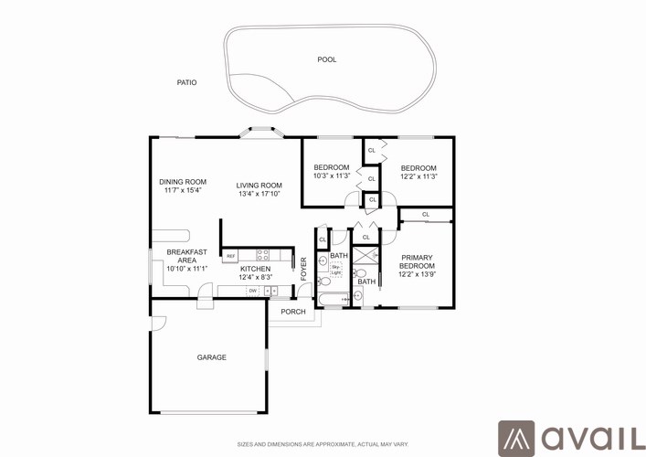 A floor plan of a house with a pool and a garage.