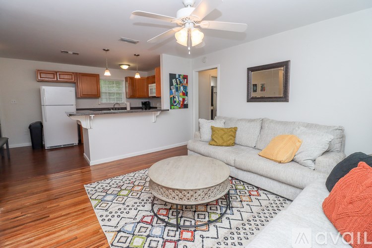 A living room with a couch, a rug, and a ceiling fan.