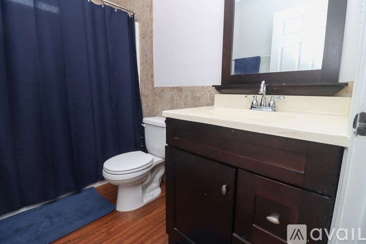 A bathroom with a white toilet, a sink with a mirror above it, and a blue shower curtain.