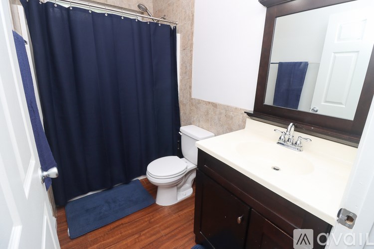 A bathroom with a white toilet, a sink, and a blue shower curtain.