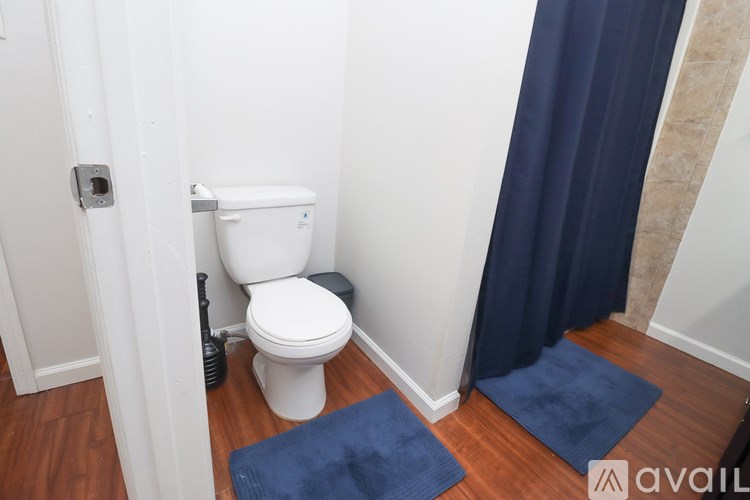 A white toilet in a small bathroom with a blue rug on the floor.