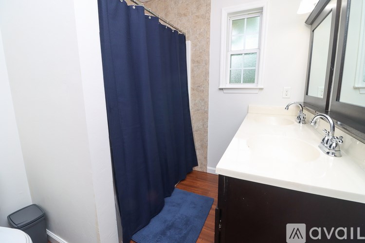 A bathroom with a blue shower curtain and a white sink.
