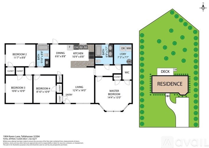 A floor plan of a residence with a deck and a kitchen.