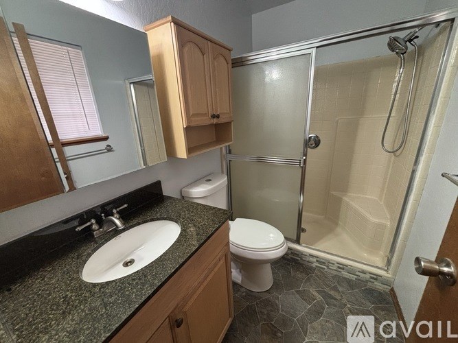 A bathroom with a sink, toilet, and shower.