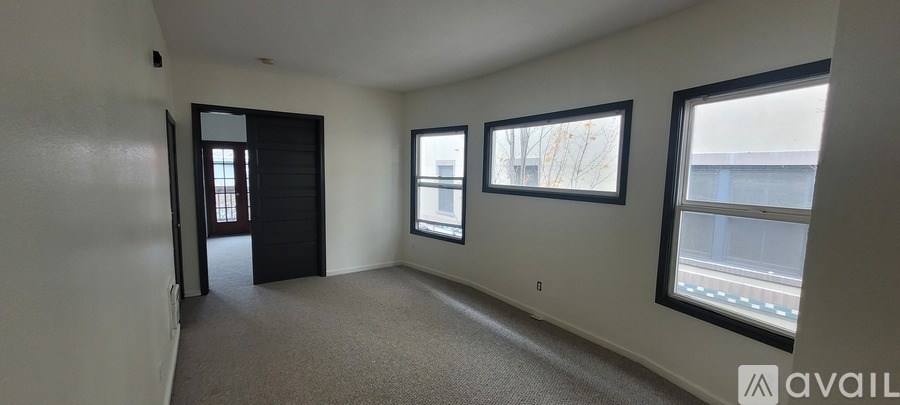 A room with a carpeted floor, a door, and three windows.