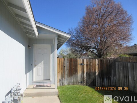 A house with a white door and a tree in the backyard.