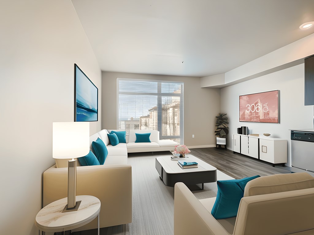 a living room with blue and white furniture and a large window