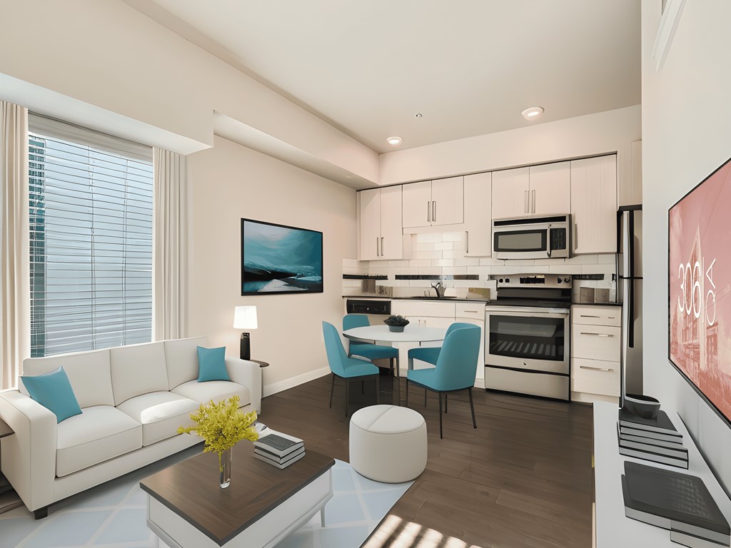 a rendering of a living room with a kitchen and a dining room