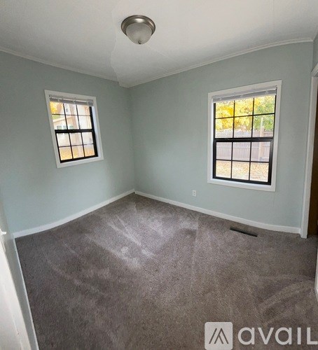 A room with grey carpet and two windows.