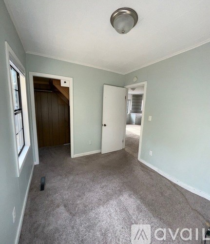A room with a carpeted floor and a ceiling light fixture.