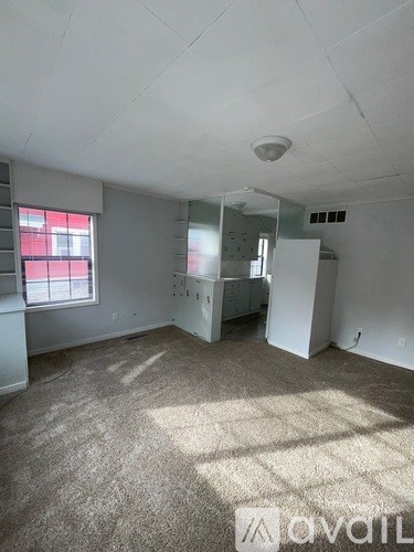A room with white walls and carpeted floor with sunlight coming through a window.