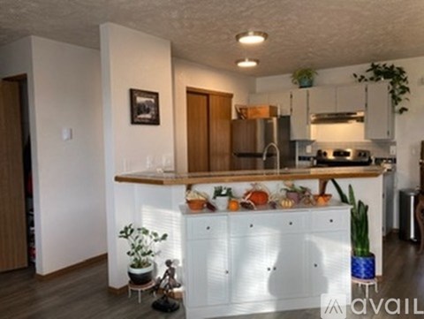 A kitchen with white cabinets and a wooden countertop.