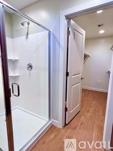 A bathroom with a walk-in shower and a white door.
