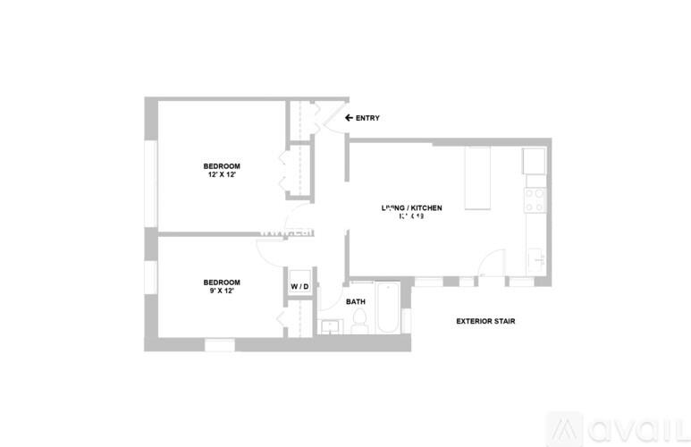 A floor plan of a two-bedroom apartment with an exterior stair.