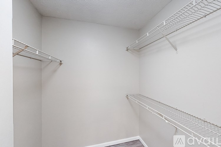 Empty white walk in closet with shelves.