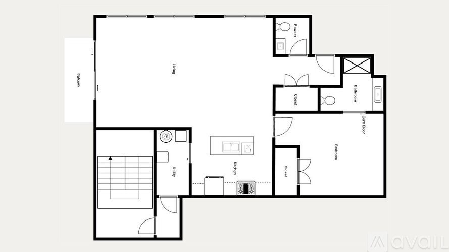 A floor plan of an apartment with a kitchen, living room, and two bedrooms.