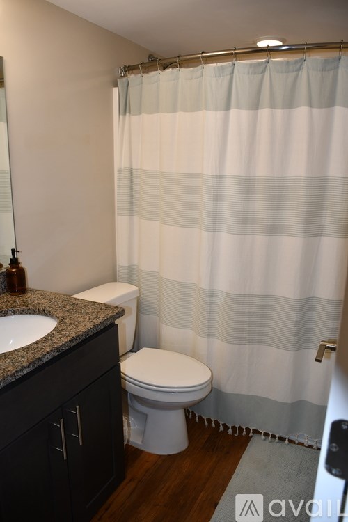 A bathroom with a toilet, sink, and shower curtain.